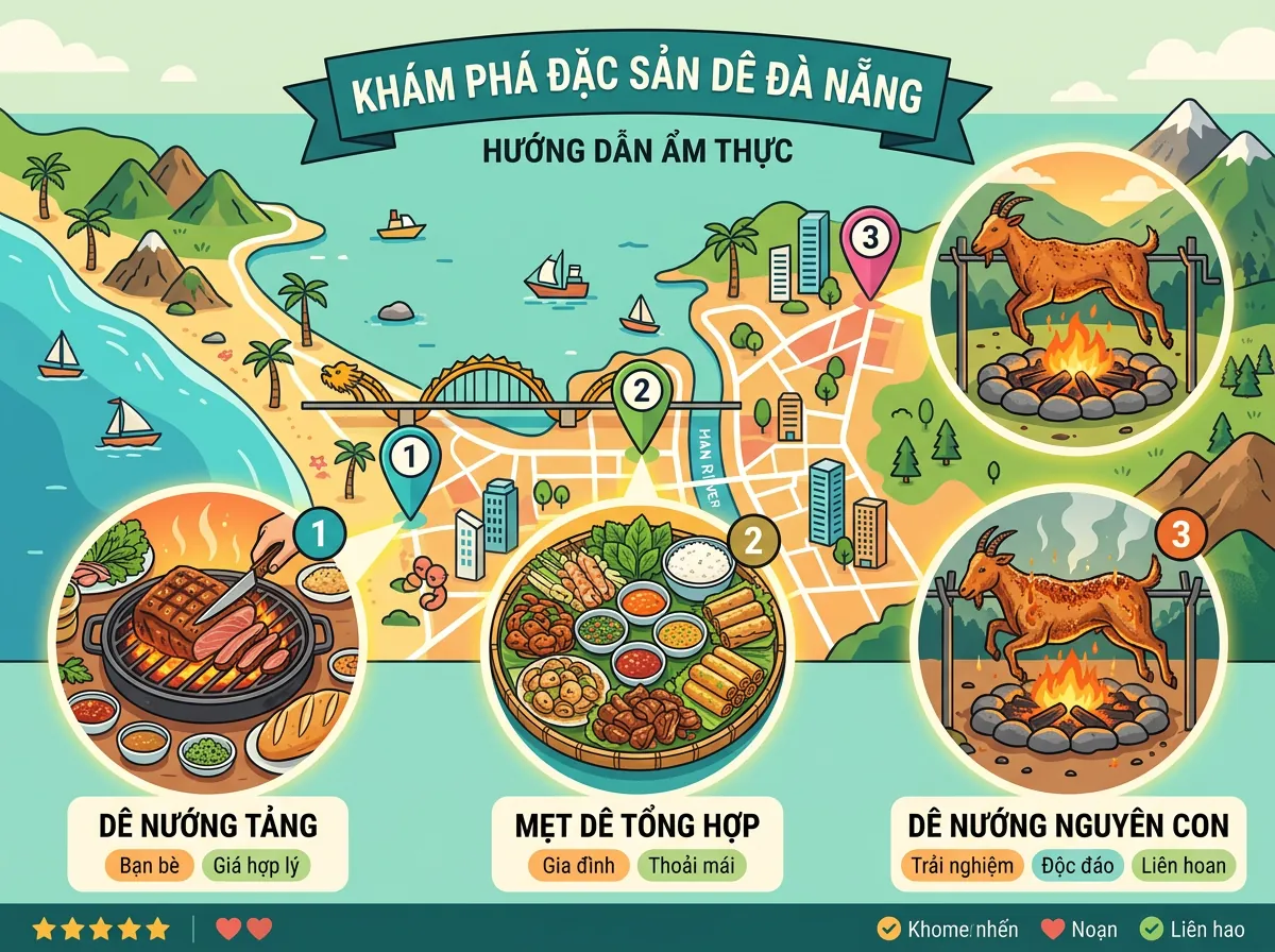 Sơ đồ minh họa top 3 quán dê ngon tại Đà Nẵng, bao gồm Dê Nghĩa với món dê nướng tảng, Dê Bé Hải với mẹt dê tổng hợp, và Dê núi Hương Sơn với dê nướng nguyên con.