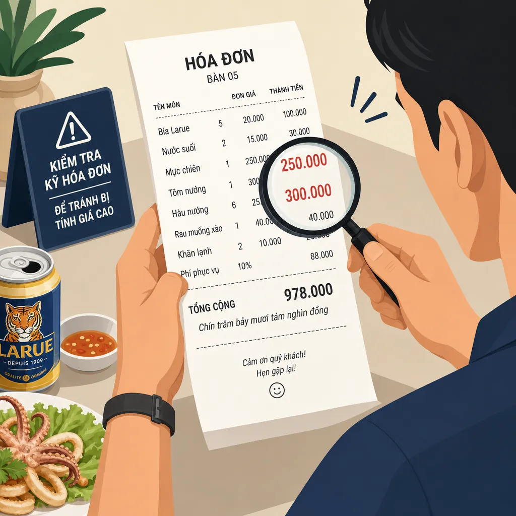 Hình minh họa một người đang dùng kính lúp để soi kỹ hóa đơn nhà hàng, thể hiện sự cẩn trọng để tránh bị tính gian.