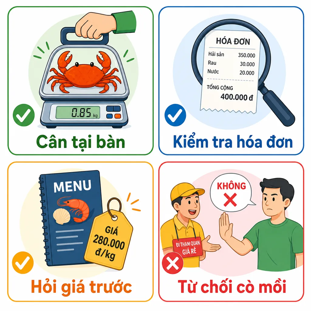 Infographic với 4 biểu tượng hướng dẫn cách đi ăn nhậu không bị chặt chém: cân tại bàn, kiểm tra hóa đơn, hỏi giá trước, và từ chối cò mồi.