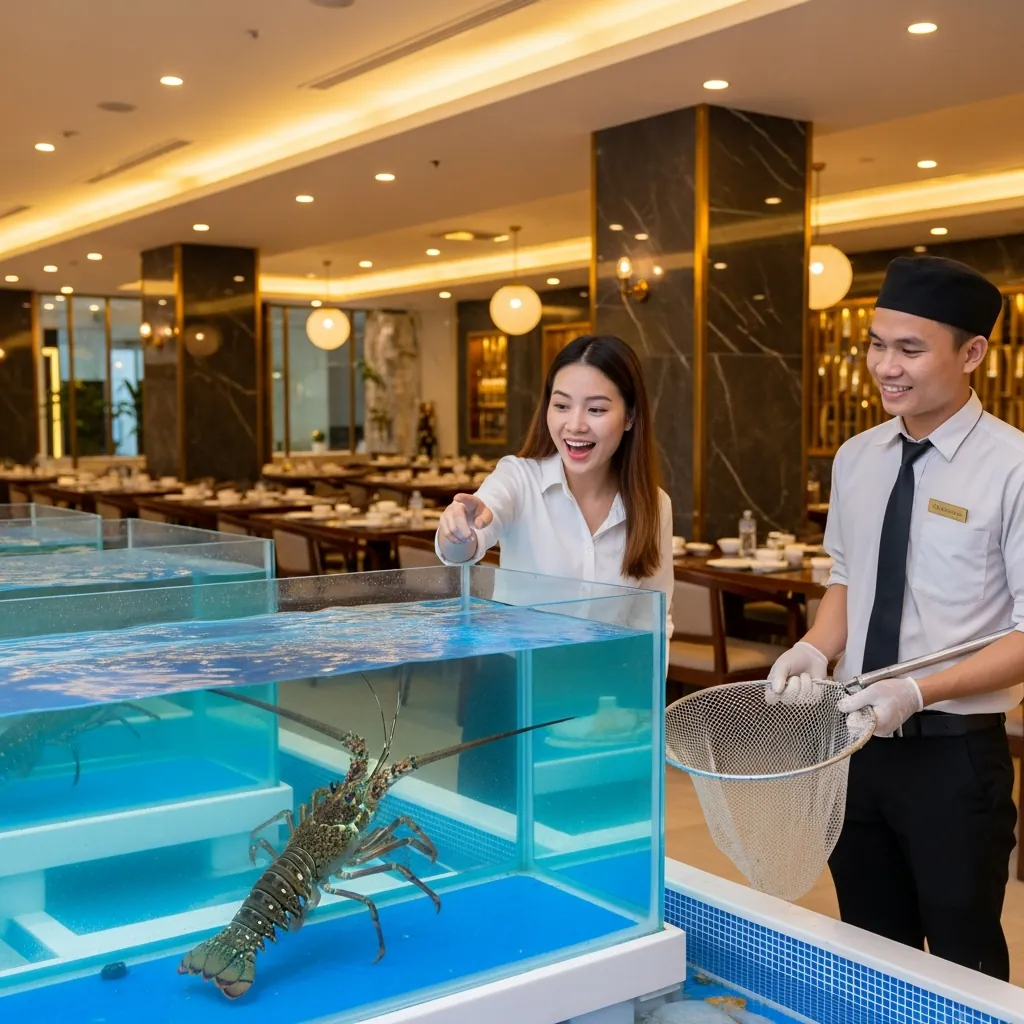 Khách hàng đang tự tay chọn một con tôm hùm tươi sống từ bể kính lớn trong một nhà hàng hải sản cao cấp.