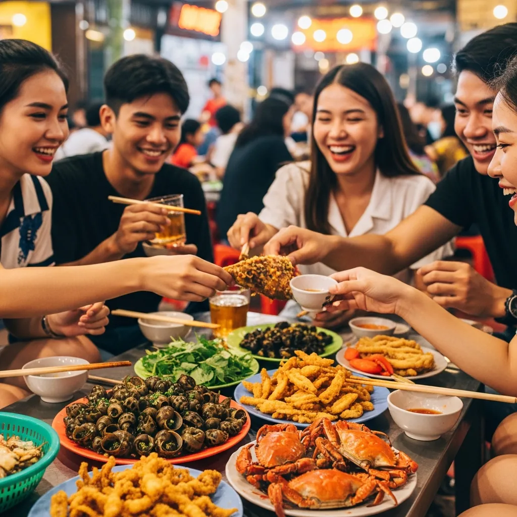 Một nhóm bạn đang ăn uống vui vẻ tại một quán hải sản bình dân ở Đà Nẵng với bàn đầy ắp các món ốc, mực và ghẹ.