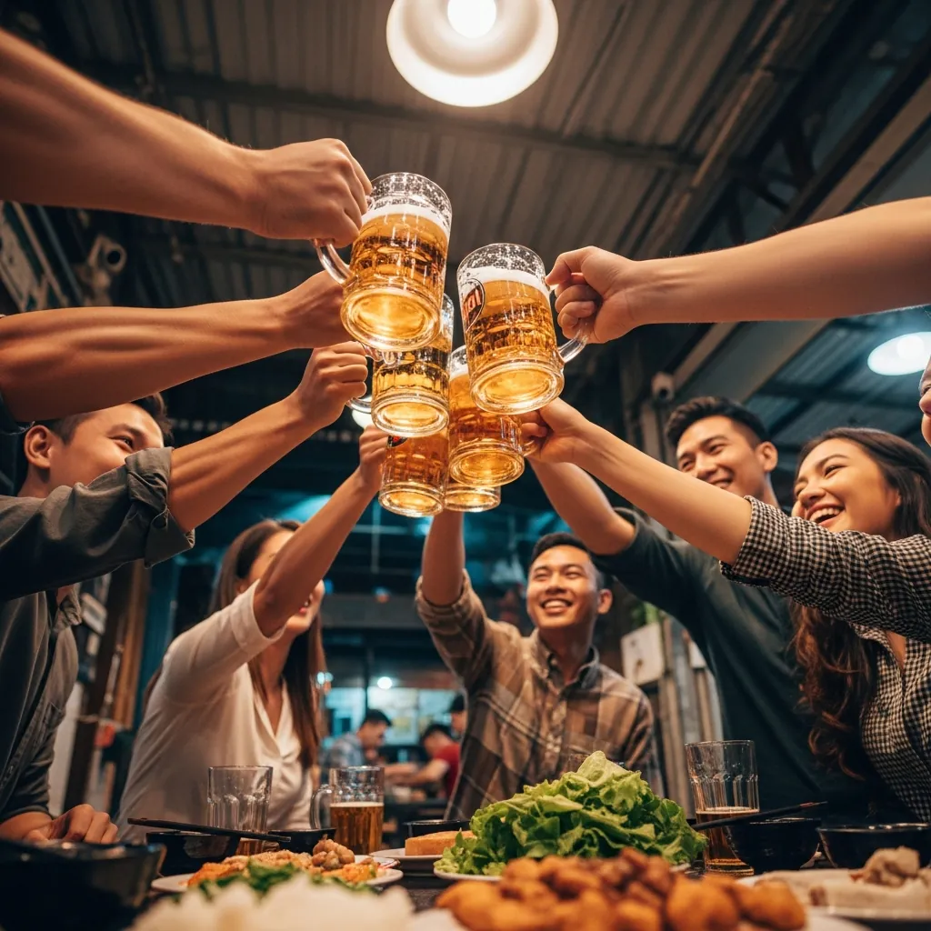 Một nhóm bạn đang hô to 'dzô!' và cụng ly bia một cách hào hứng trong một quán nhậu ở Việt Nam.