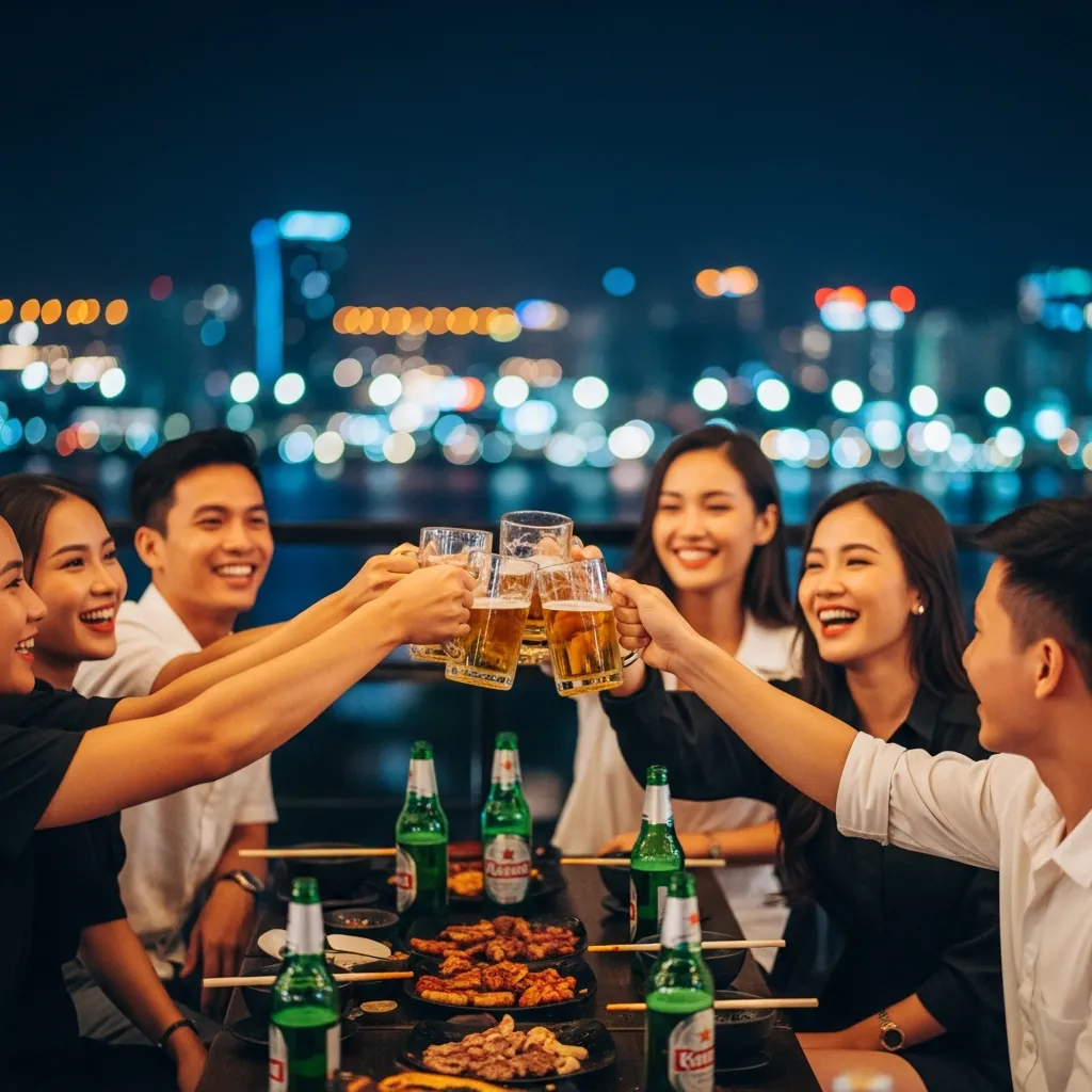 Nhóm bạn trẻ đang cụng ly tại một quán nhậu ngoài trời sôi động ở Đà Nẵng về đêm, phía sau là cảnh thành phố lung linh.