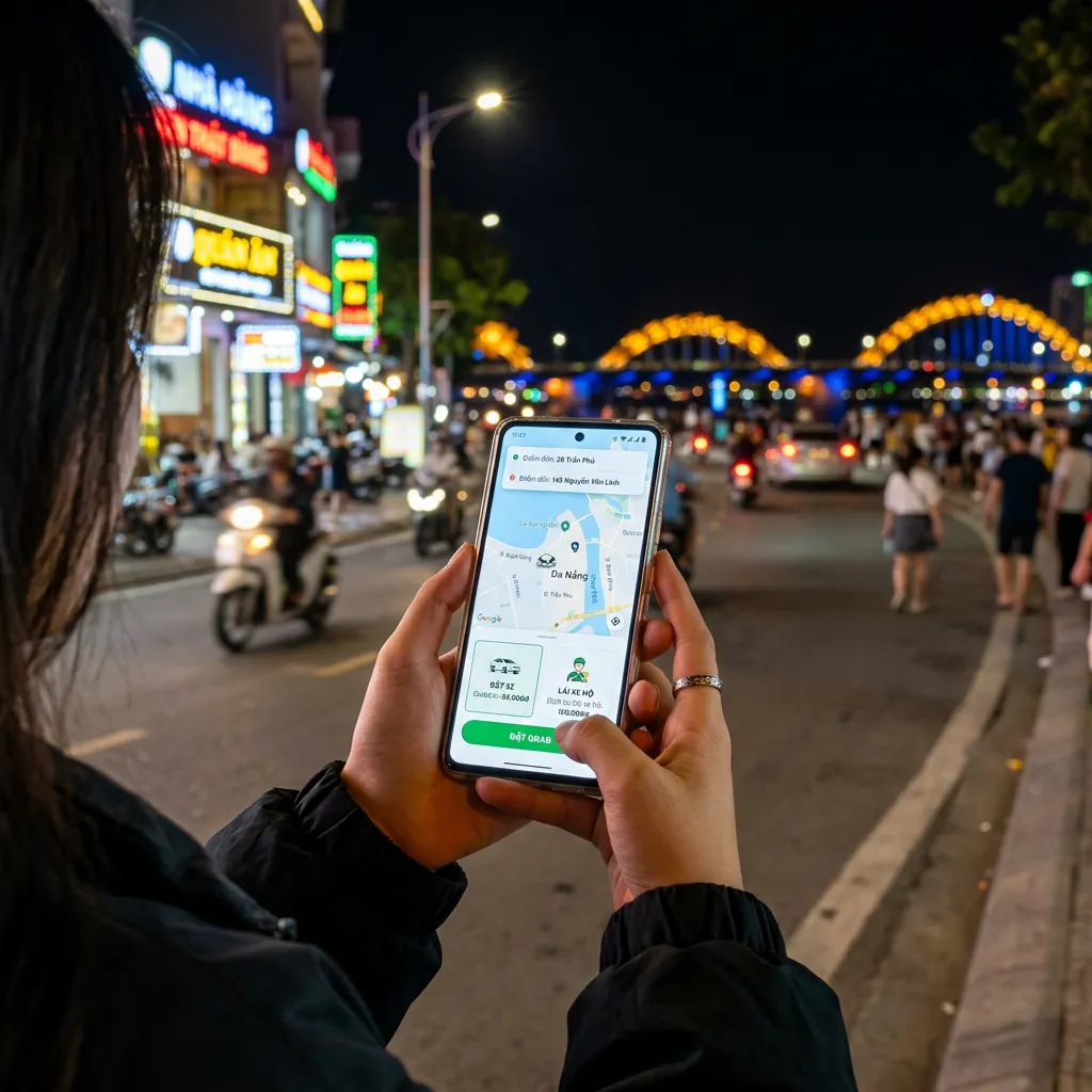 Một người đang dùng điện thoại thông minh để đặt xe Grab hoặc dịch vụ tài xế hộ sau khi đi nhậu ở Đà Nẵng vào ban đêm.