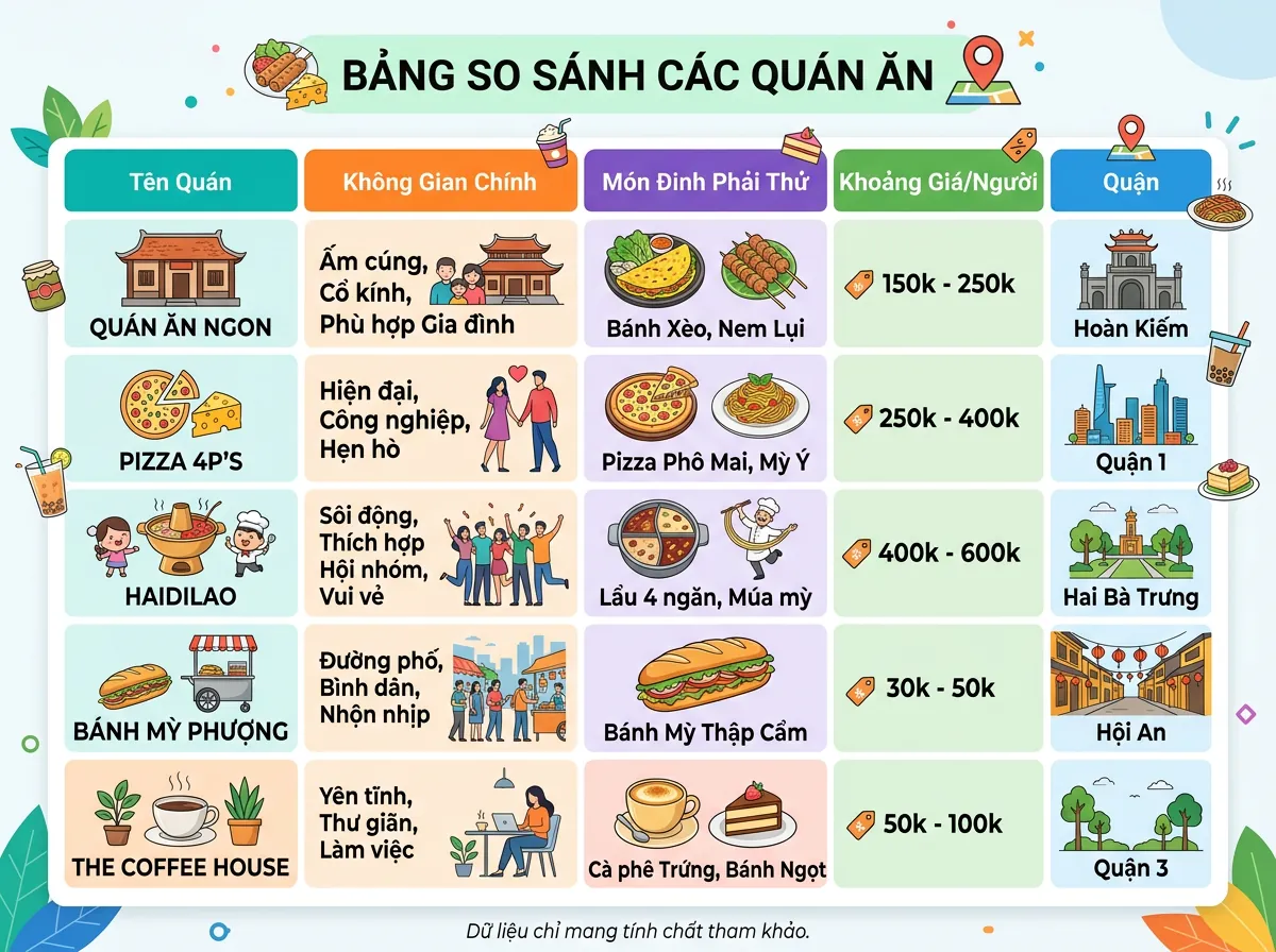 Bảng so sánh tổng quan các quán nhậu sân vườn nổi bật tại Đà Nẵng về không gian, món ăn và giá cả.