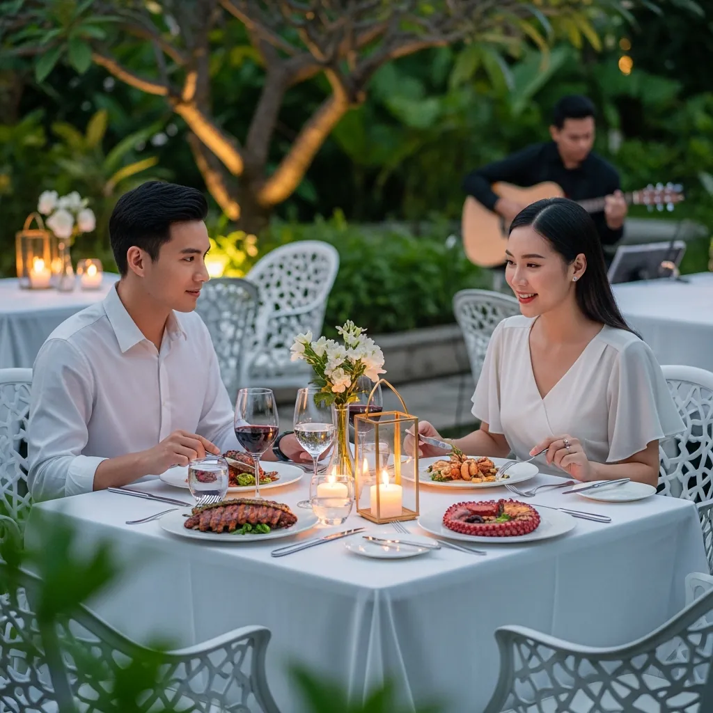 Cặp đôi đang có một buổi hẹn hò lãng mạn tại một nhà hàng sân vườn sang trọng có cây cối xanh mát.