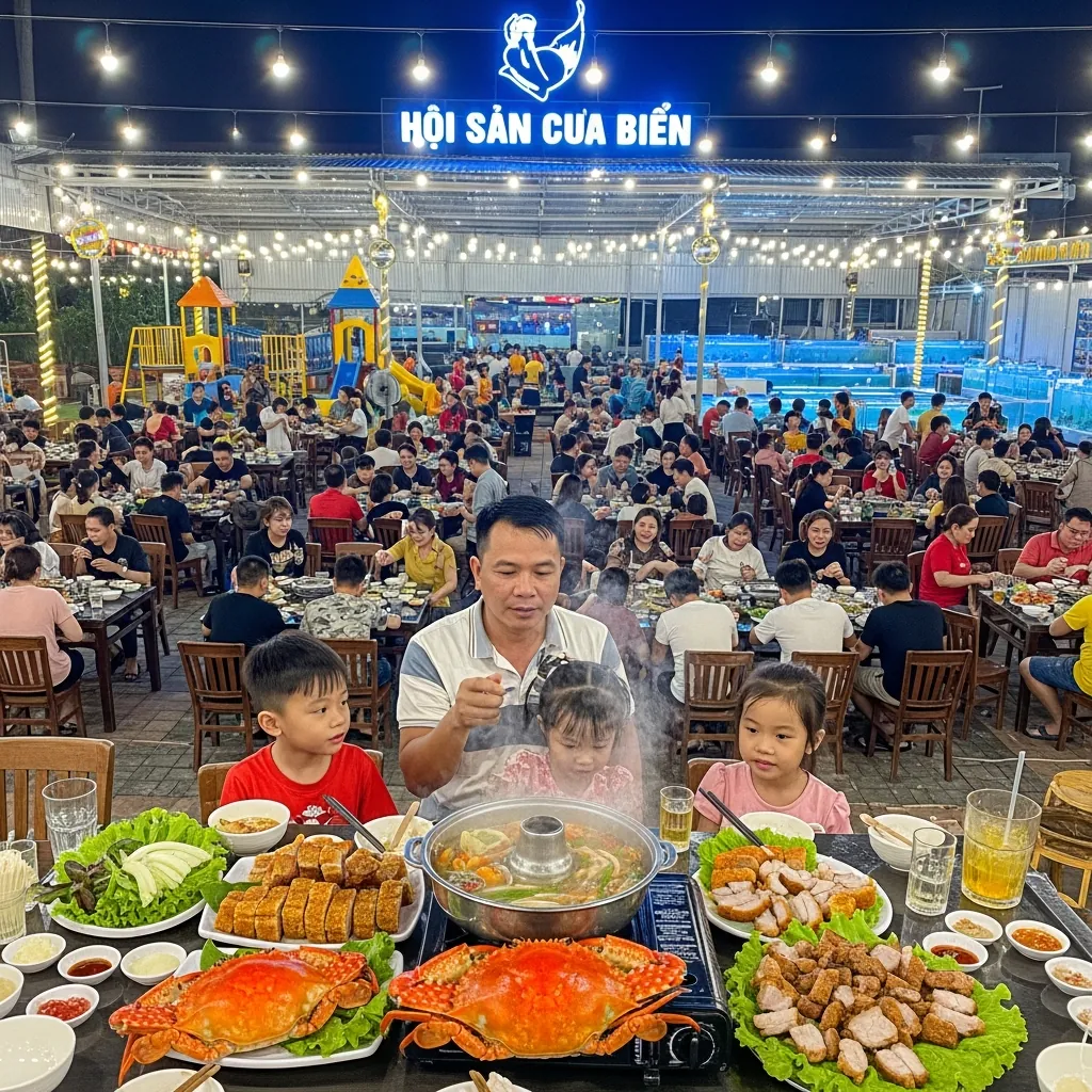 Không gian rộng lớn và sôi động của quán Hải Sản Cua Biển, phù hợp cho nhóm đông và gia đình.