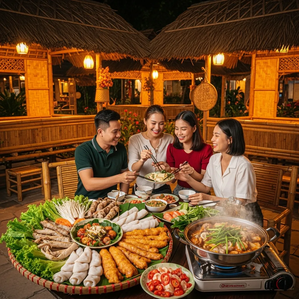 Khung cảnh một quán ăn đồng quê với mái tranh, bàn tre, thực khách đang thưởng thức đặc sản miền Trung.