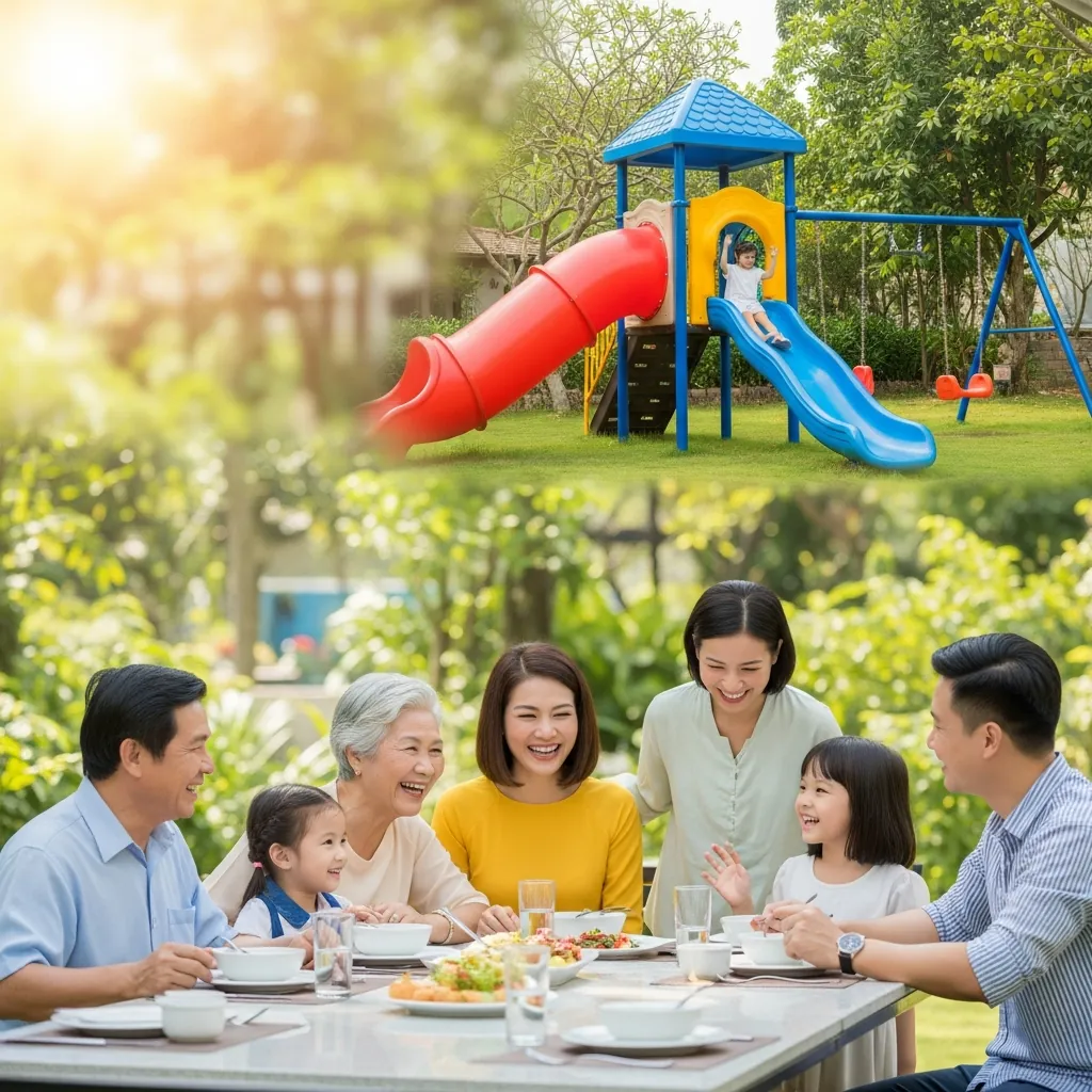 Một gia đình có trẻ nhỏ đang vui vẻ ăn uống tại một quán sân vườn có khu vui chơi cho trẻ em.
