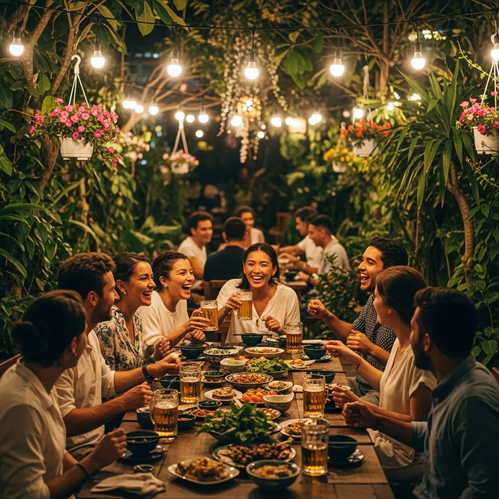 Một nhóm bạn đang vui vẻ ăn uống tại một quán nhậu sân vườn ở Đà Nẵng vào buổi tối.