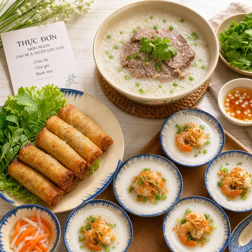 Các món ăn phù hợp cho trẻ em và người lớn tuổi tại Quán Trần, gồm cháo bò, chả giò và bánh bèo.