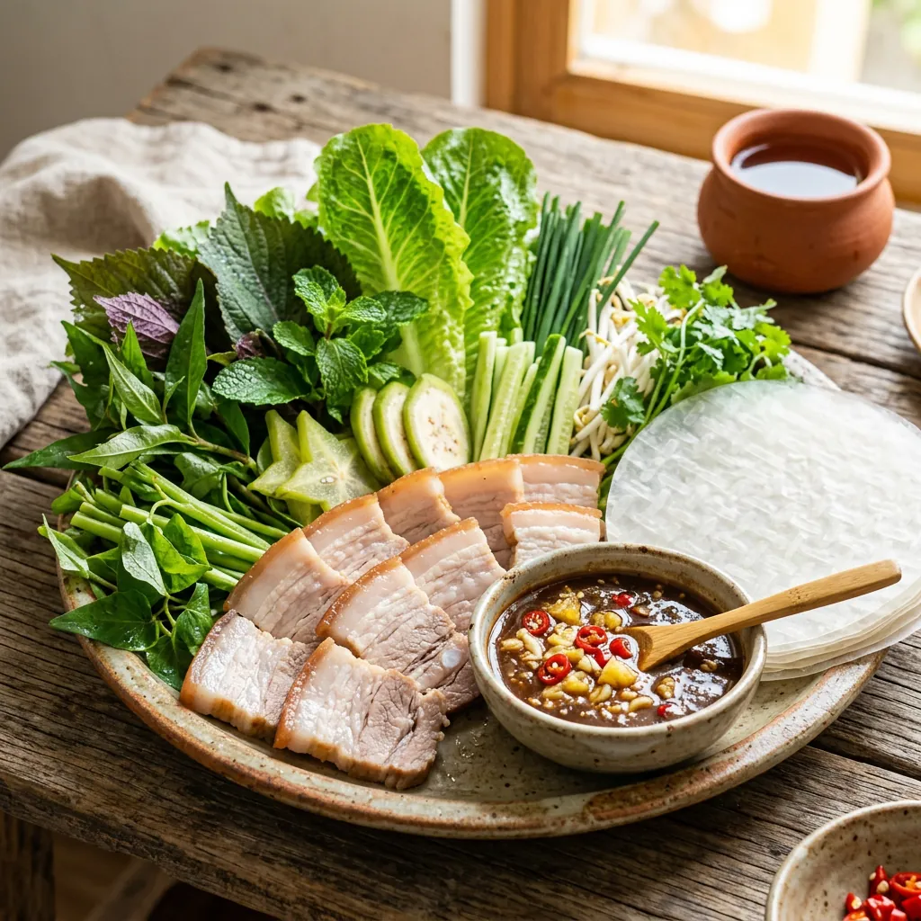 Cận cảnh món Bánh tráng cuốn thịt heo hai đầu da đặc sản của Quán Trần, với thịt luộc, rau sống tươi ngon và chén mắm nêm đậm đà.