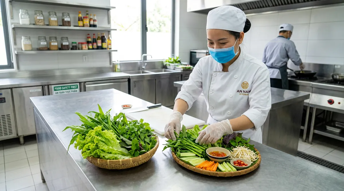 Đầu bếp tại Quán Trần đang chuẩn bị một đĩa rau thủy canh tươi sạch, thể hiện cam kết về an toàn vệ sinh thực phẩm.
