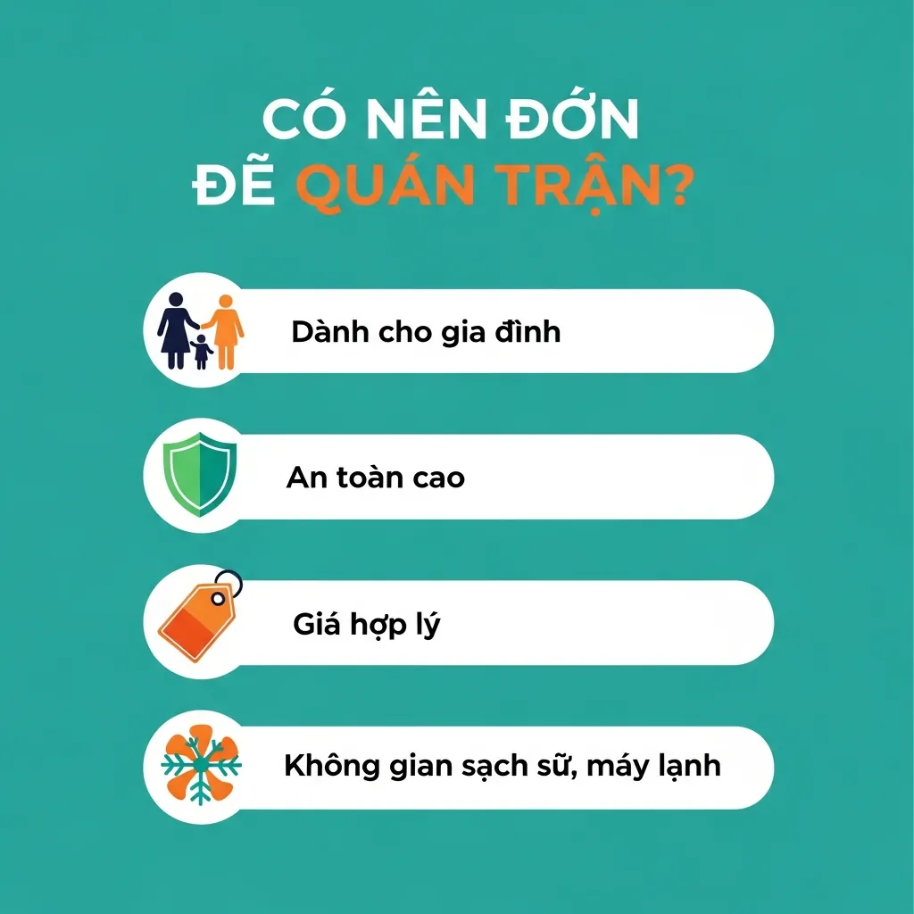 Infographic tóm tắt các lý do nên ăn tại Quán Trần: phù hợp cho gia đình, an toàn, giá cả hợp lý và không gian sạch sẽ.