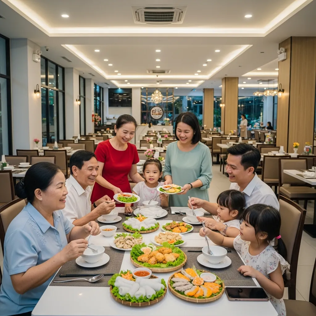 Một gia đình nhiều thế hệ đang vui vẻ dùng bữa trong không gian rộng rãi, sang trọng của nhà hàng Quán Trần.