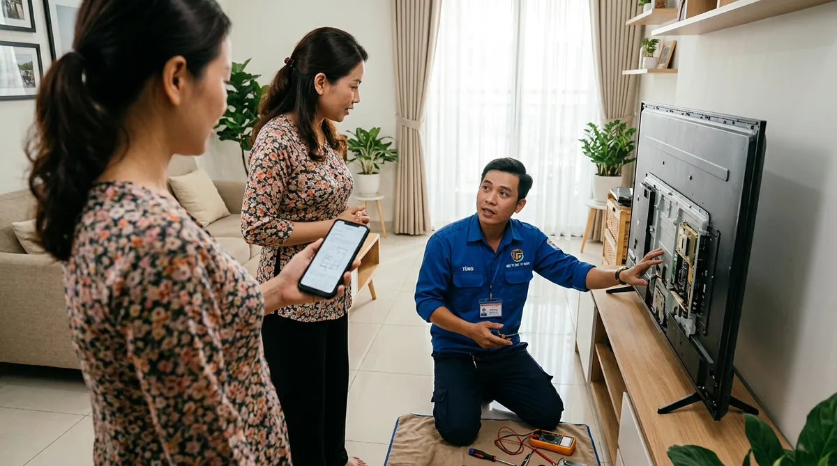 Một khách hàng đang trao đổi với kỹ thuật viên sửa tivi tại nhà, thể hiện sự chủ động và thông thái khi sử dụng dịch vụ.