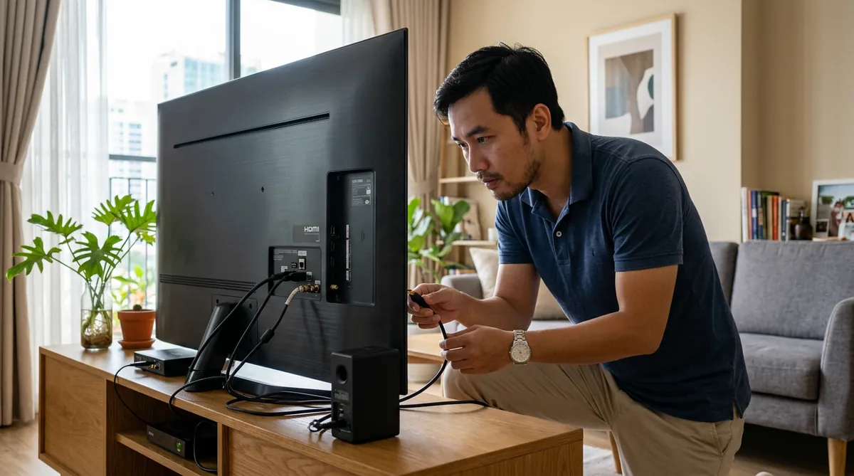 Một người đang tự kiểm tra các cổng kết nối dây cáp phía sau tivi trong phòng khách.