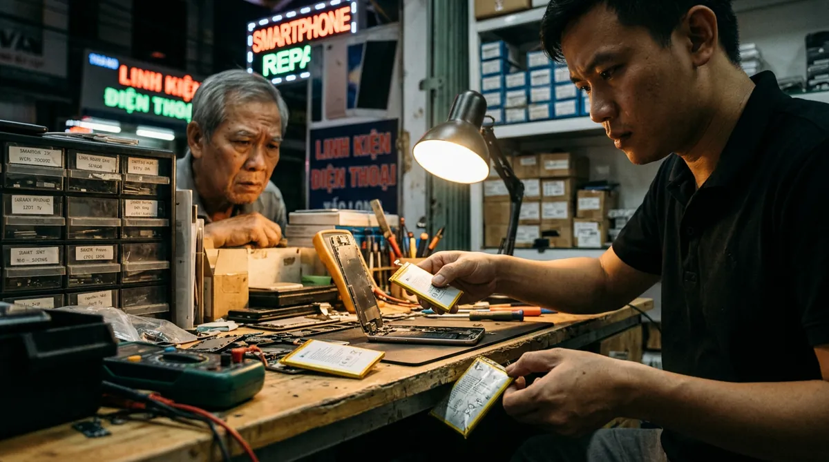 Hình ảnh ẩn dụ về chiêu trò luộc đồ, một kỹ thuật viên đang lén lút tráo đổi linh kiện tốt của khách hàng bằng một linh kiện cũ, hỏng hóc.