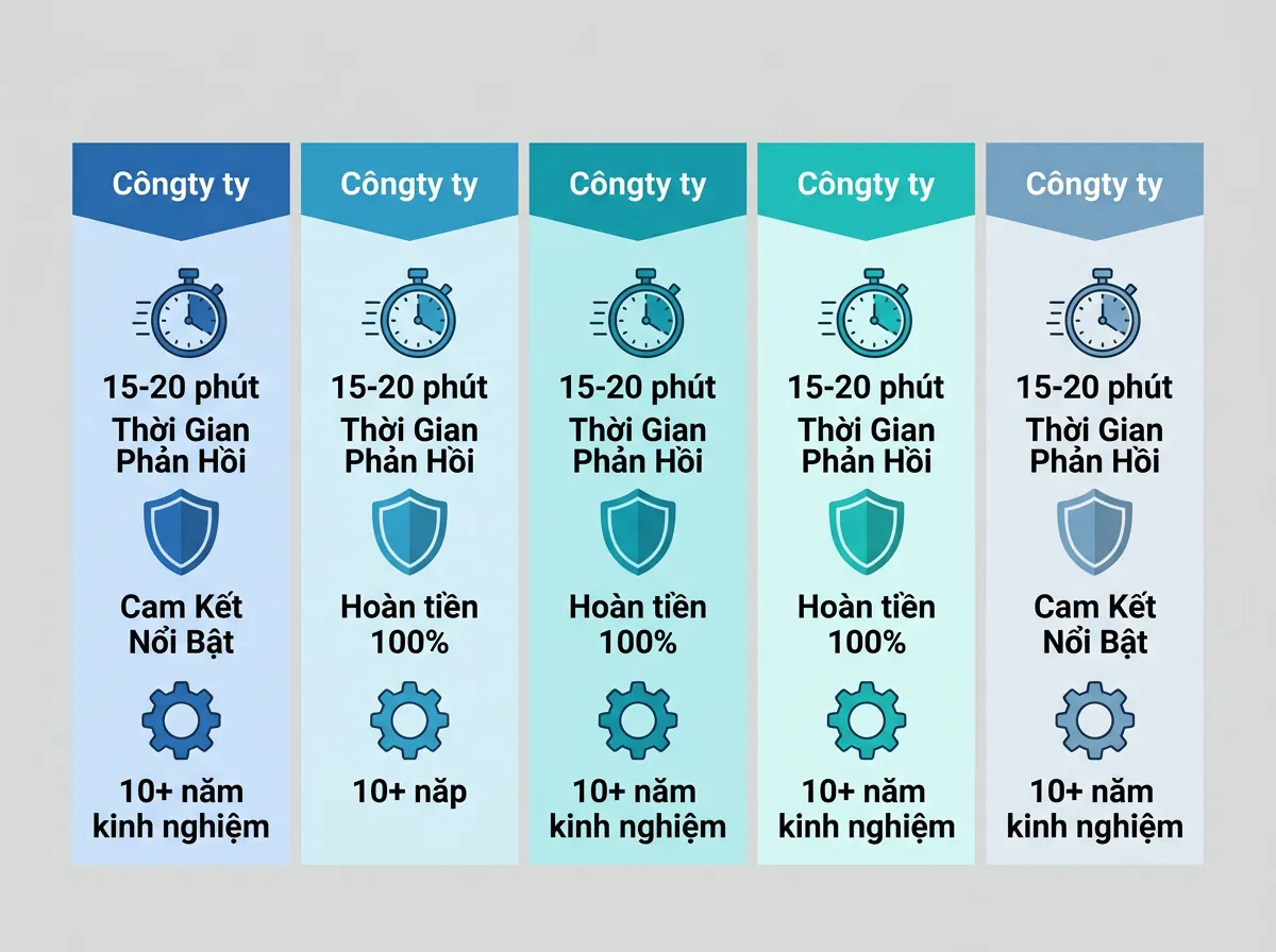 Bảng so sánh infographic về 5 dịch vụ sửa máy in tại Đà Nẵng, nêu bật thời gian phản hồi, cam kết và thế mạnh.