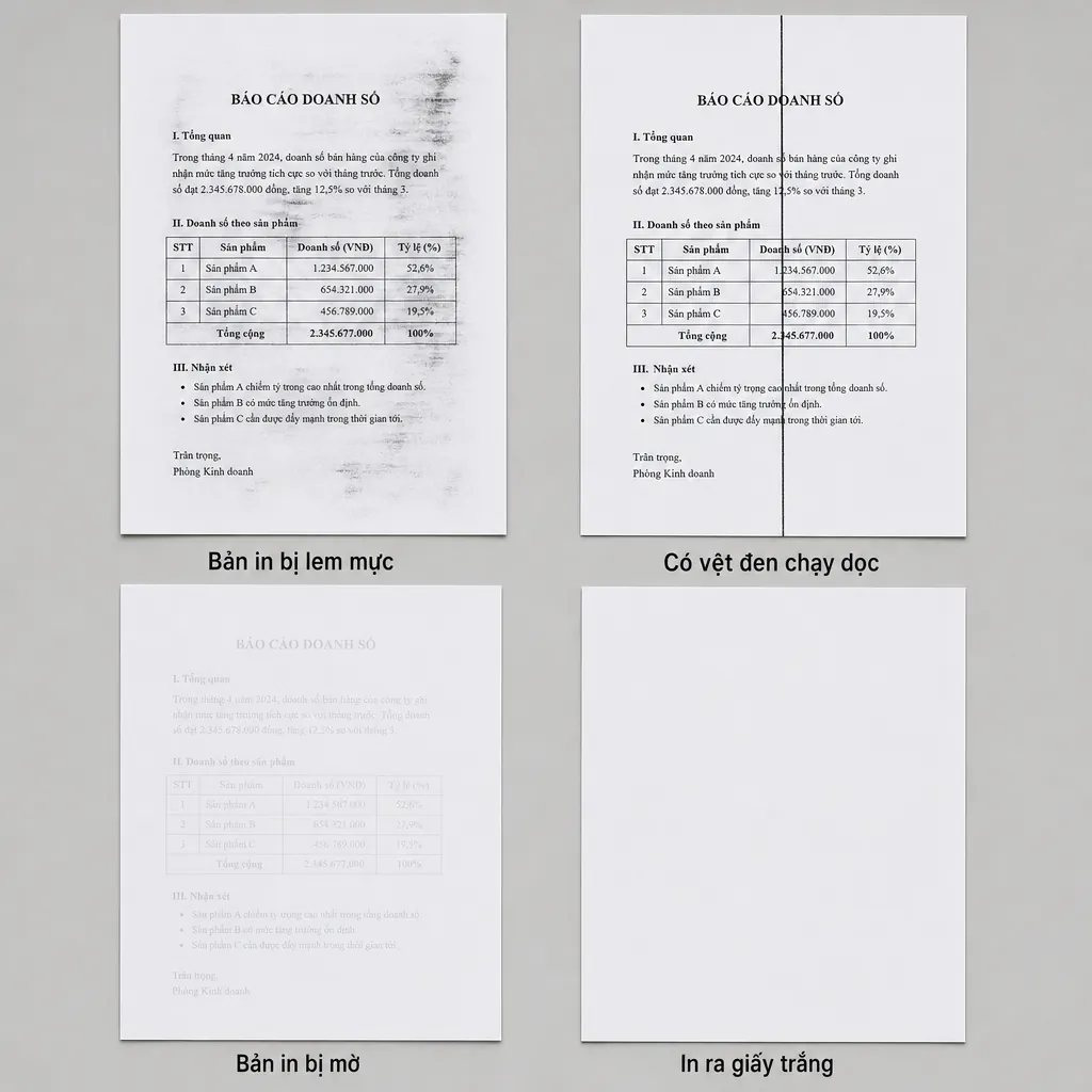 Bốn trang giấy minh họa các lỗi in ấn: bản in lem mực, có vệt đen, bản in mờ, và in ra giấy trắng.