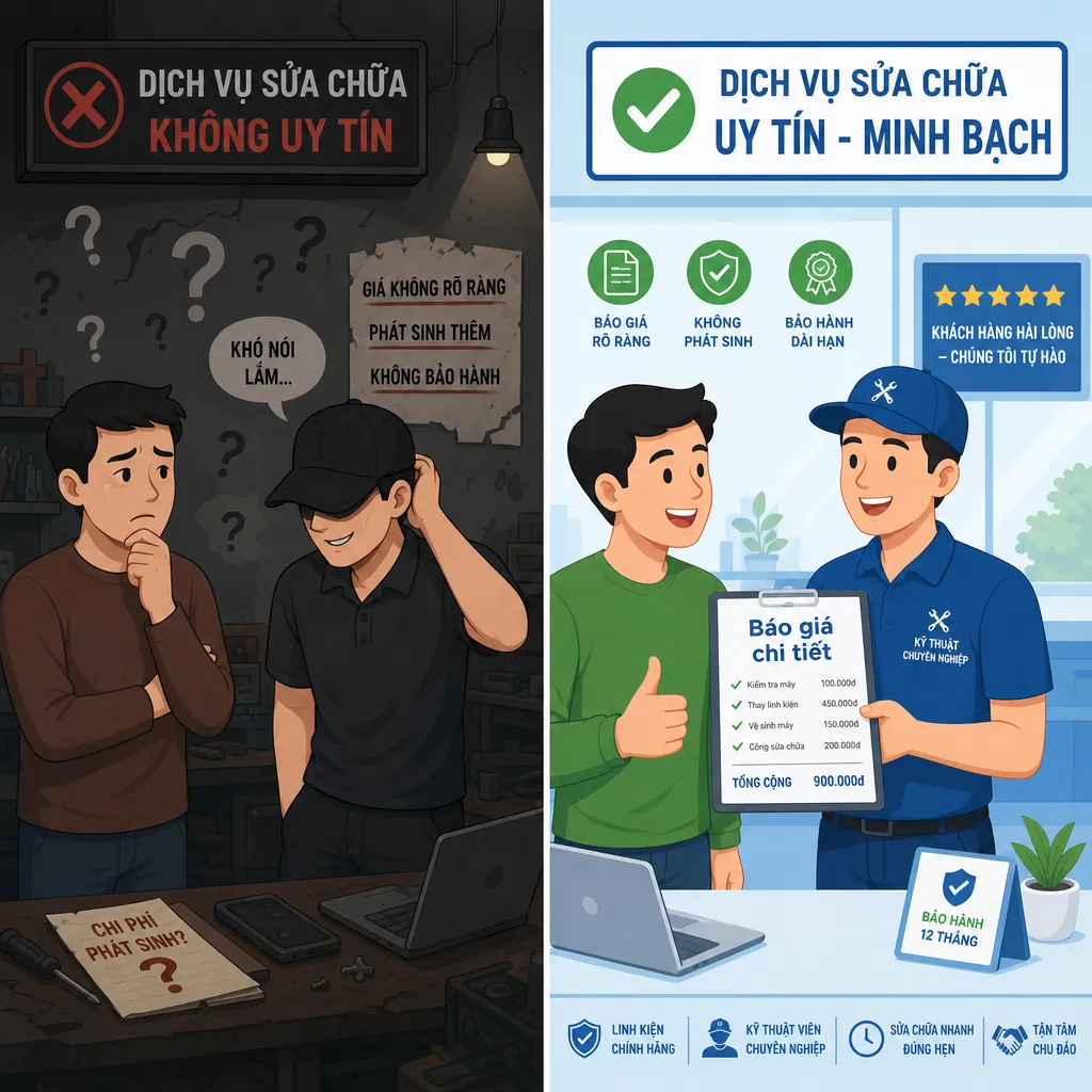 Hình ảnh so sánh dịch vụ sửa chữa uy tín (minh bạch, chuyên nghiệp) và dịch vụ lừa đảo (mập mờ, thiếu tin cậy).
