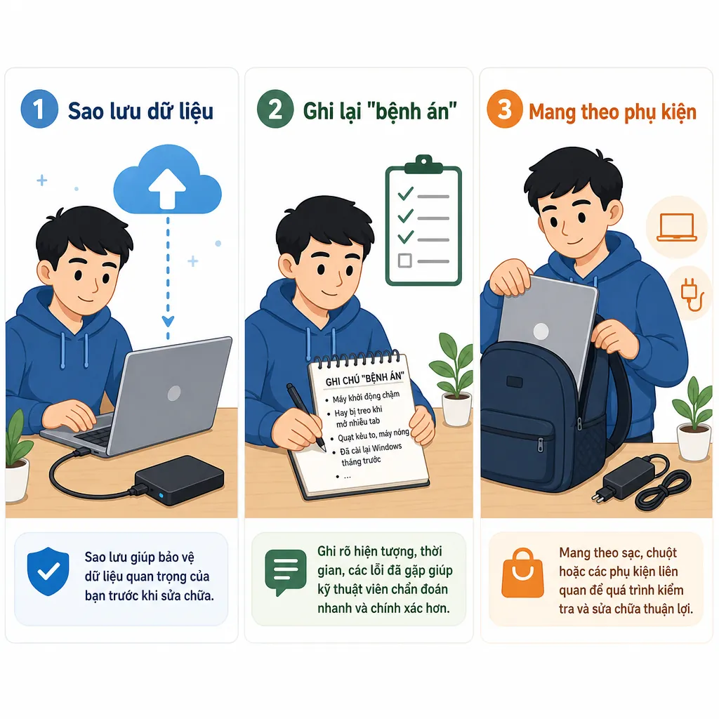 Hình minh họa 3 bước cần chuẩn bị trước khi mang máy tính đi sửa: sao lưu dữ liệu, ghi lại tình trạng lỗi, và mang theo phụ kiện cần thiết.
