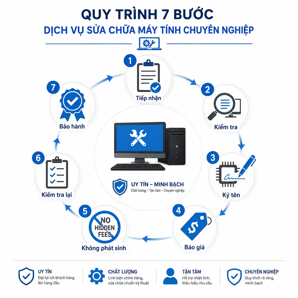 Infographic 7 bước nhận diện một trung tâm sửa máy tính chuyên nghiệp, bao gồm các bước từ tiếp nhận, ký tên linh kiện đến bảo hành.