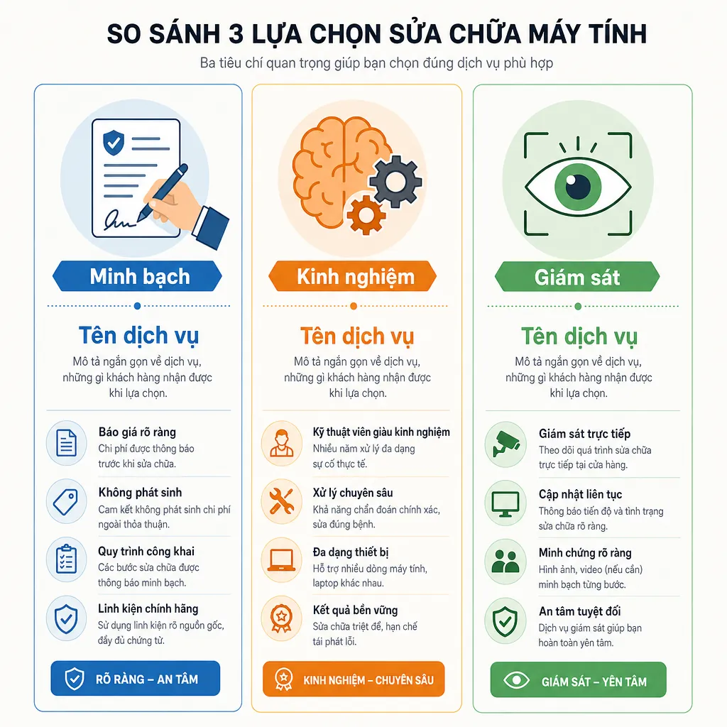 Infographic so sánh 3 dịch vụ sửa máy tính tại Đà Nẵng với các tiêu chí nổi bật: Minh bạch, Kinh nghiệm, và Giám sát.