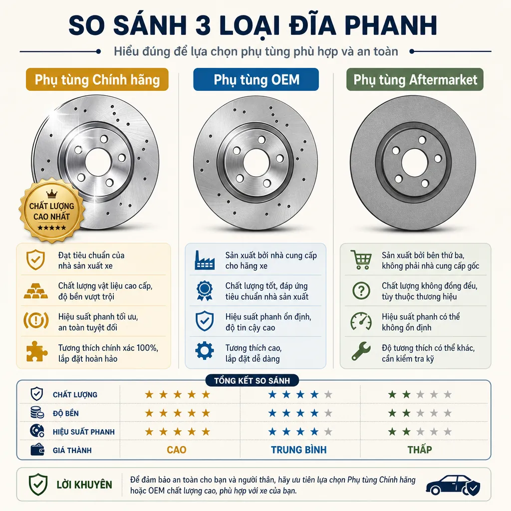 Infographic so sánh ba loại phụ tùng ô tô: Chính hãng, OEM, và Aftermarket.