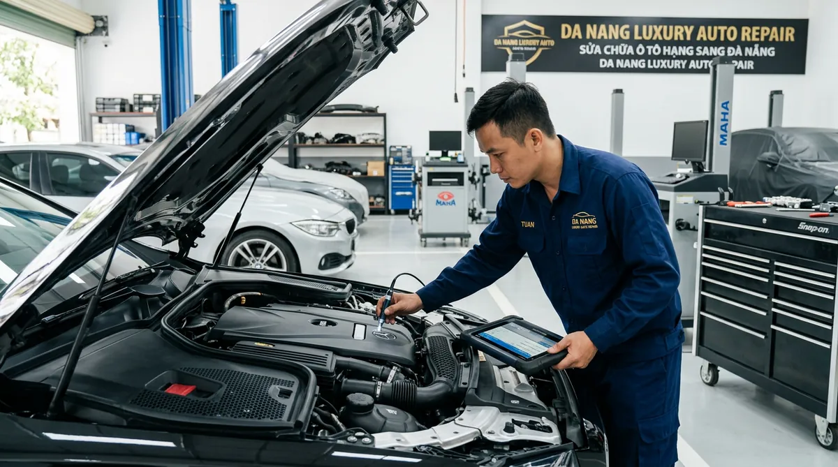 Kỹ thuật viên chuyên nghiệp đang kiểm tra động cơ một chiếc xe sang tại Gara Đại Thống, Đà Nẵng.