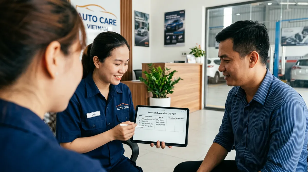 Kỹ thuật viên tại Gara Đại Bảo An đang giải thích bảng báo giá chi tiết, minh bạch cho khách hàng qua máy tính bảng.