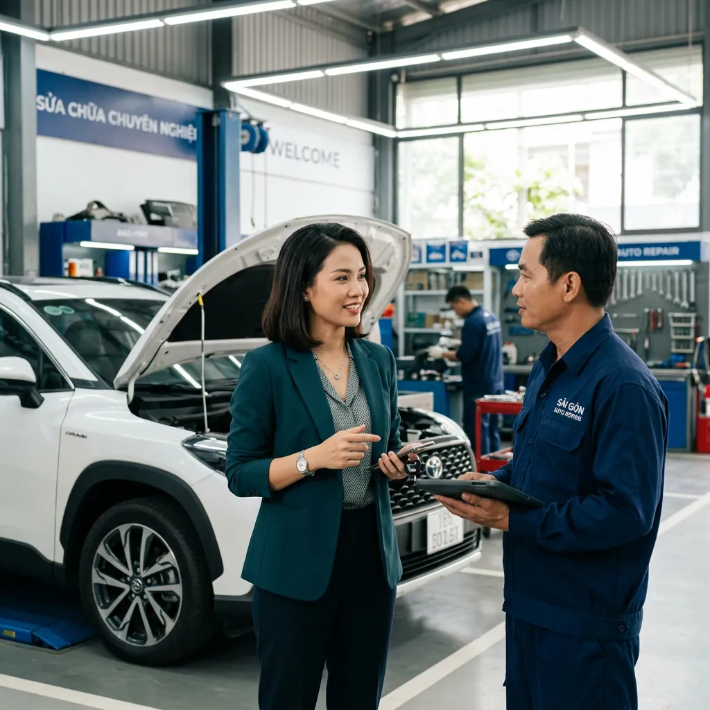 Một khách hàng nữ tự tin trao đổi và đặt câu hỏi cho kỹ thuật viên tại gara sửa chữa ô tô.
