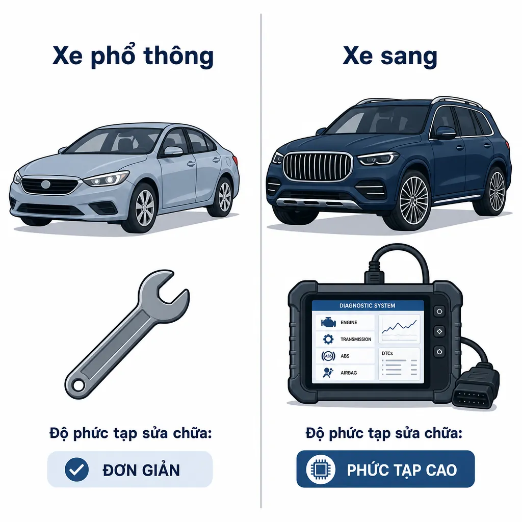 Sơ đồ minh họa tiêu chí chọn gara sửa ô tô phù hợp cho xe phổ thông và xe sang.