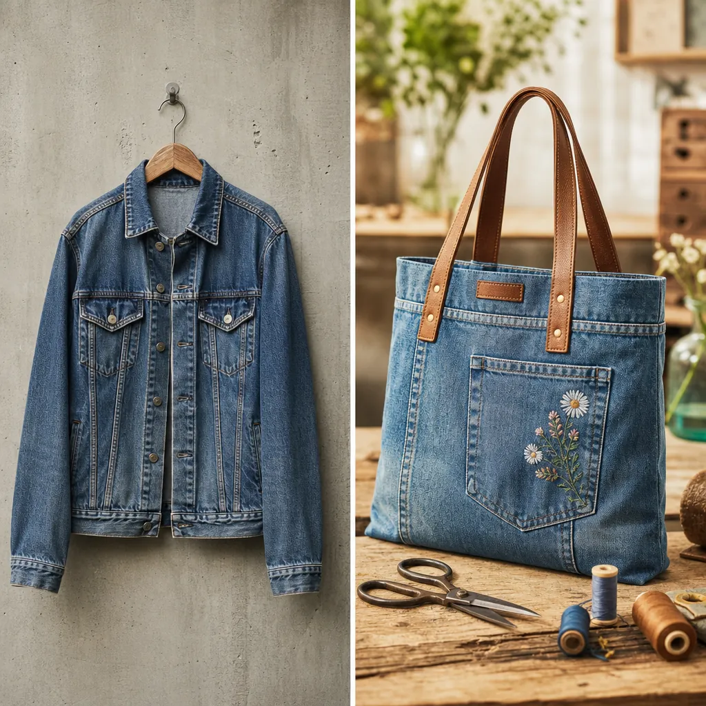 Hình ảnh trước và sau của việc 'upcycling' một chiếc áo khoác jean cũ thành một chiếc túi xách thời trang.