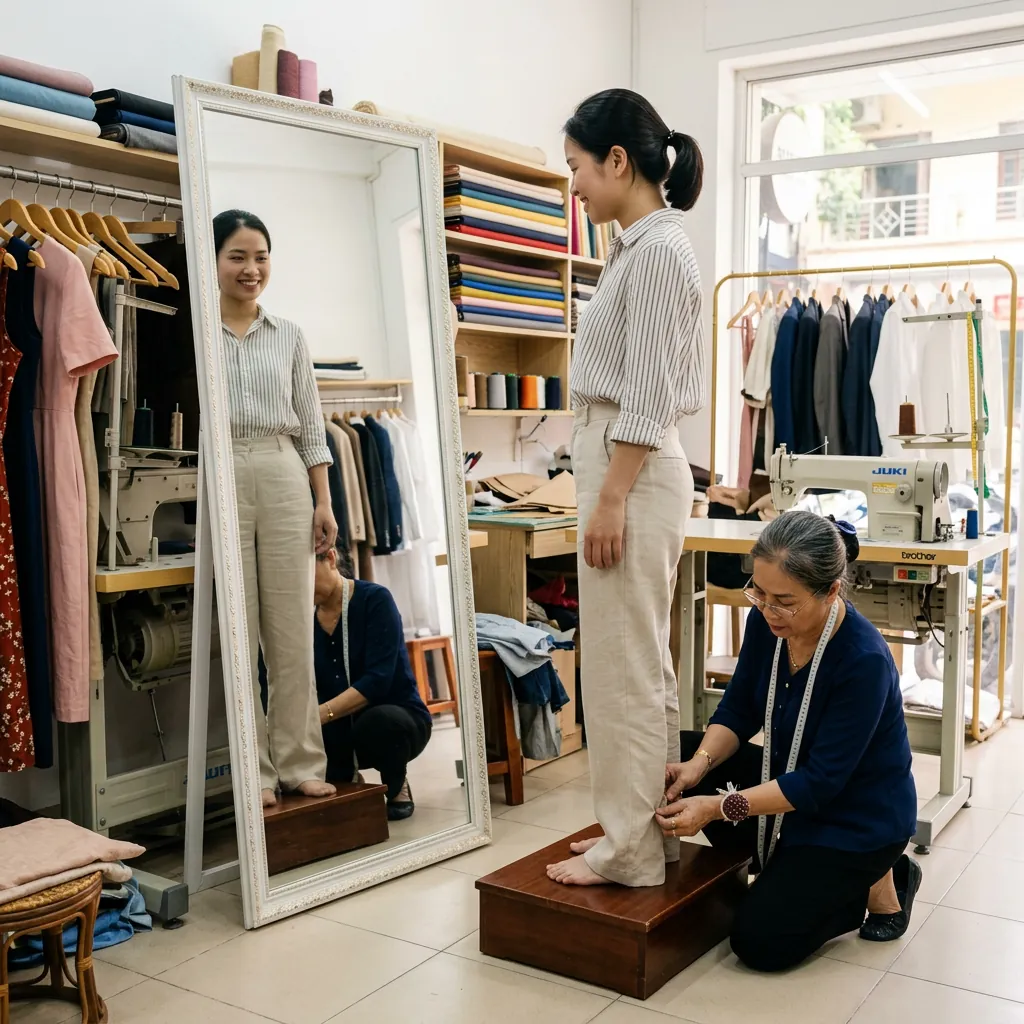 Một khách hàng đang mặc thử quần tại tiệm may và được thợ may dùng ghim đánh dấu độ dài chính xác để sửa.
