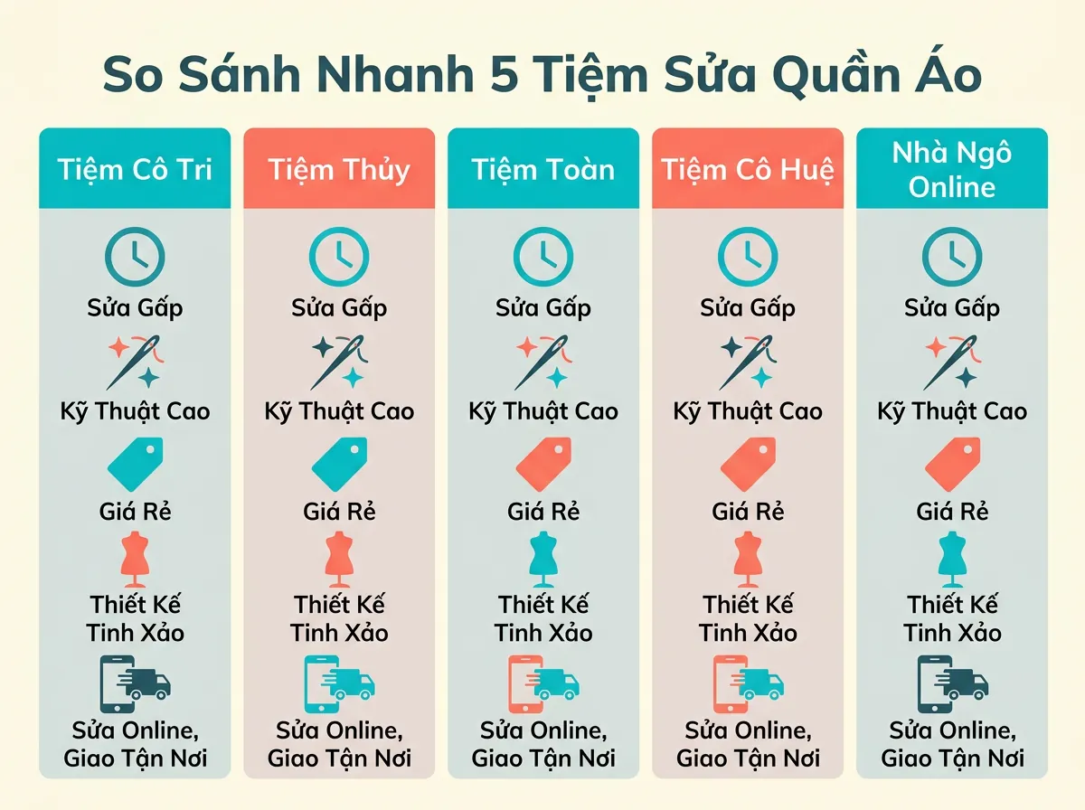 Sơ đồ so sánh nhanh 5 tiệm sửa quần áo tại Đà Nẵng dựa trên các tiêu chí như sửa gấp, tay nghề cao, giá rẻ và sửa online.