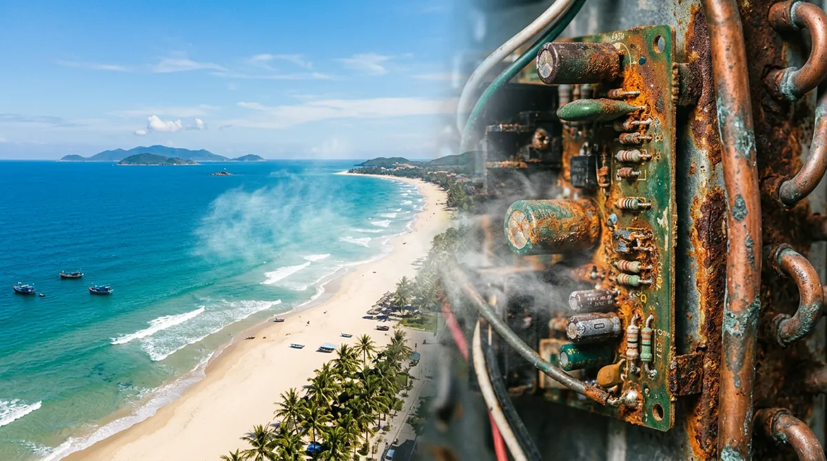 Hình ảnh mô tả ảnh hưởng của khí hậu ven biển Đà Nẵng gây ra gỉ sét, ăn mòn linh kiện tủ lạnh.