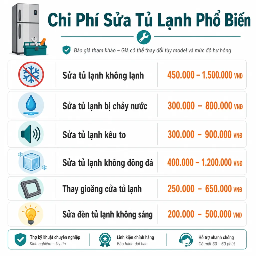 Infographic bảng giá tham khảo chi phí sửa các lỗi tủ lạnh thường gặp.