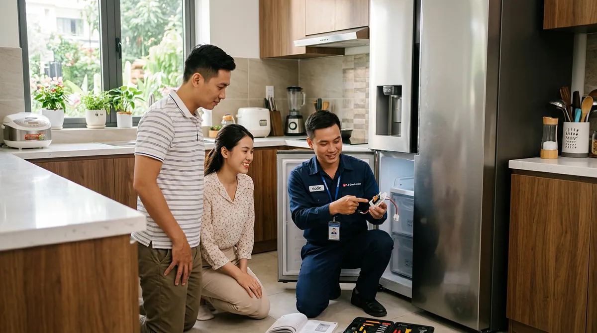 Kỹ thuật viên chuyên nghiệp đang giải thích rõ ràng nguyên nhân hỏng hóc tủ lạnh cho khách hàng.