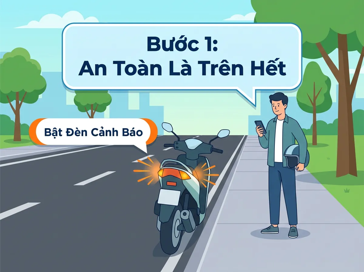 Minh họa các bước xử lý an toàn khi xe bị hỏng giữa đường: tấp vào lề và bật đèn cảnh báo.