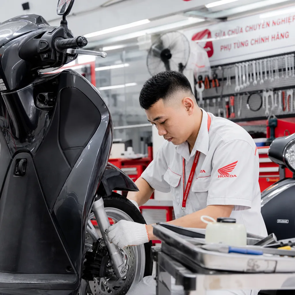 Thợ sửa xe chuyên nghiệp đang làm việc trong một tiệm sửa xe uy tín, sạch sẽ và hiện đại tại Đà Nẵng.
