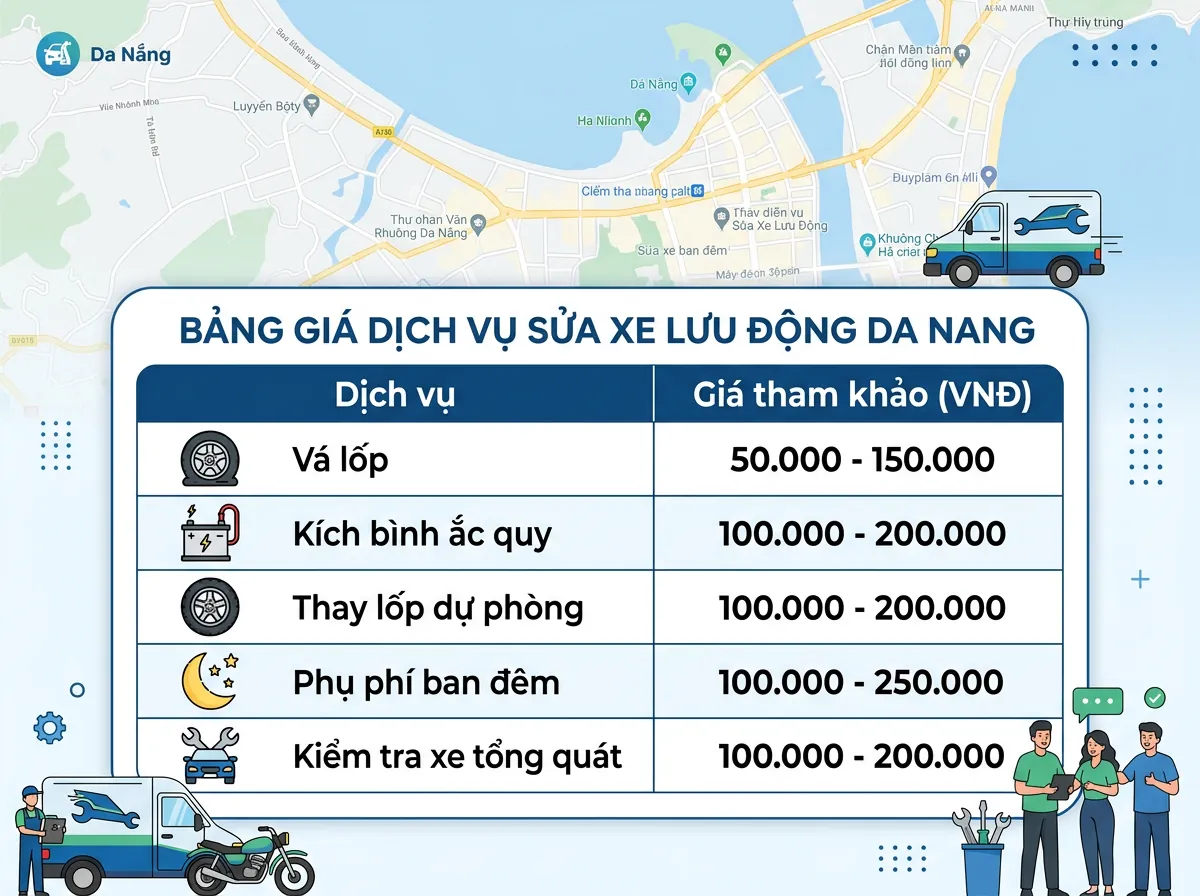 Bảng giá tham khảo các dịch vụ sửa xe máy lưu động tại Đà Nẵng, bao gồm vá lốp, kích bình ắc quy và phụ phí ban đêm.