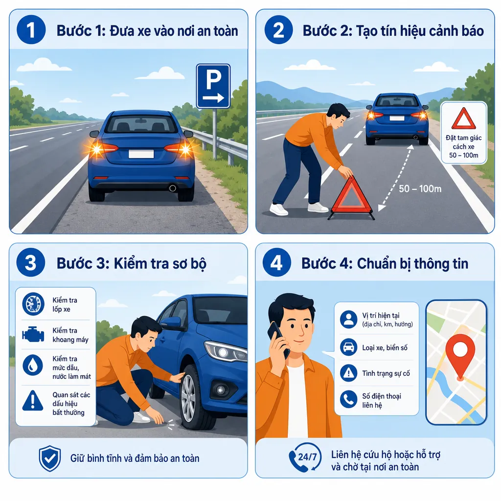 Minh họa 4 bước xử lý an toàn khi xe hỏng giữa đường, bao gồm tấp xe vào lề, đặt biển báo, kiểm tra sơ bộ và gọi cứu hộ.