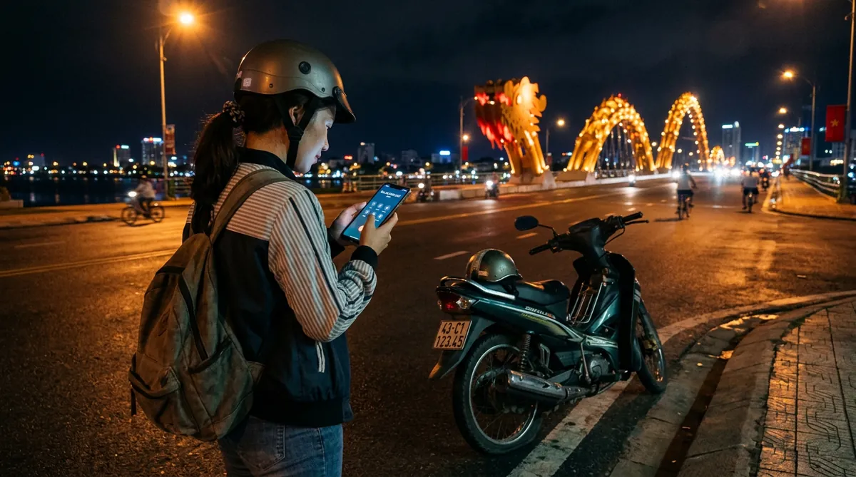 Một người đang gọi điện cho dịch vụ cứu hộ xe máy vào ban đêm tại Đà Nẵng, với Cầu Rồng ở phía sau.