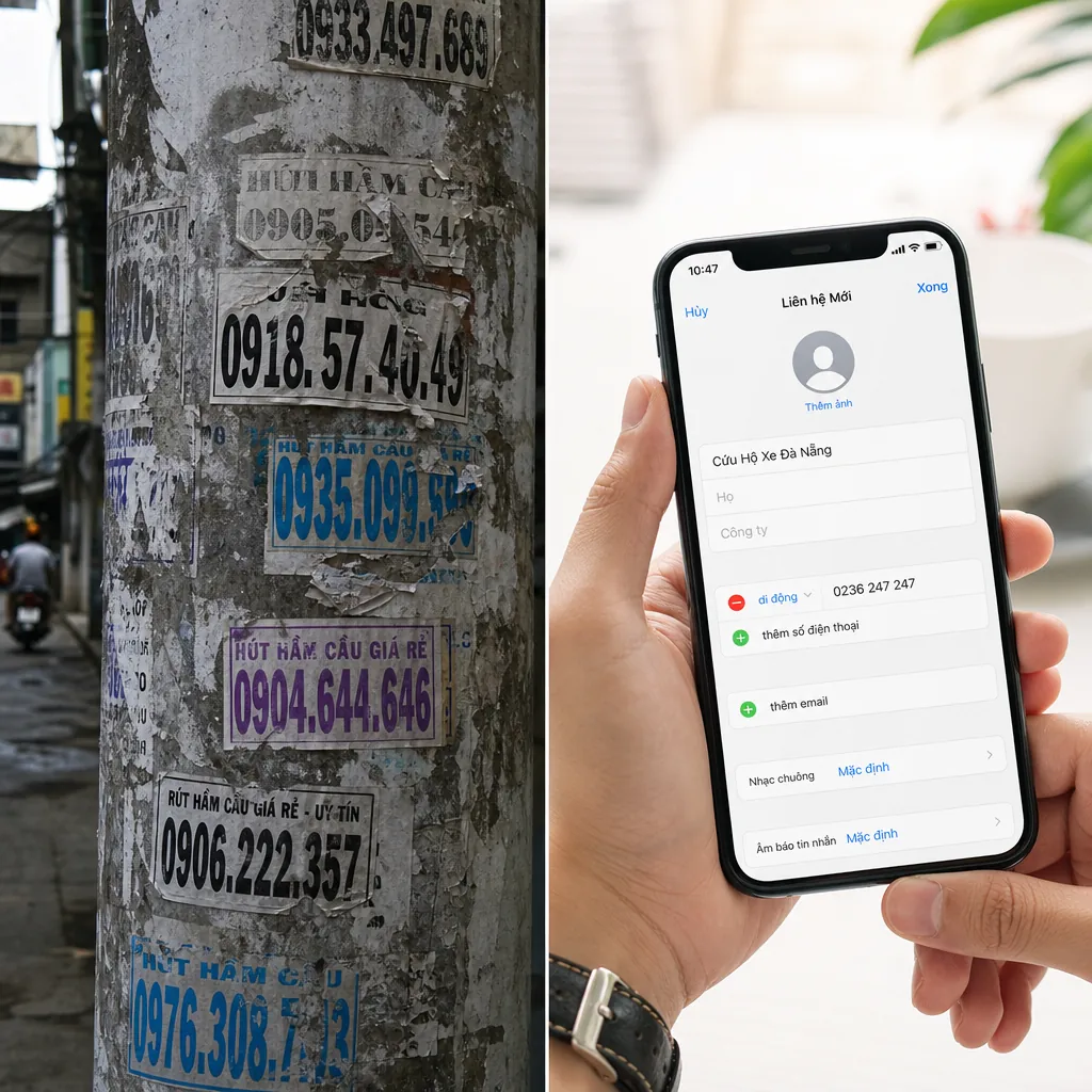 So sánh hình ảnh giữa các mẩu quảng cáo dán trên cột điện và việc chủ động lưu số cứu hộ uy tín vào danh bạ điện thoại.