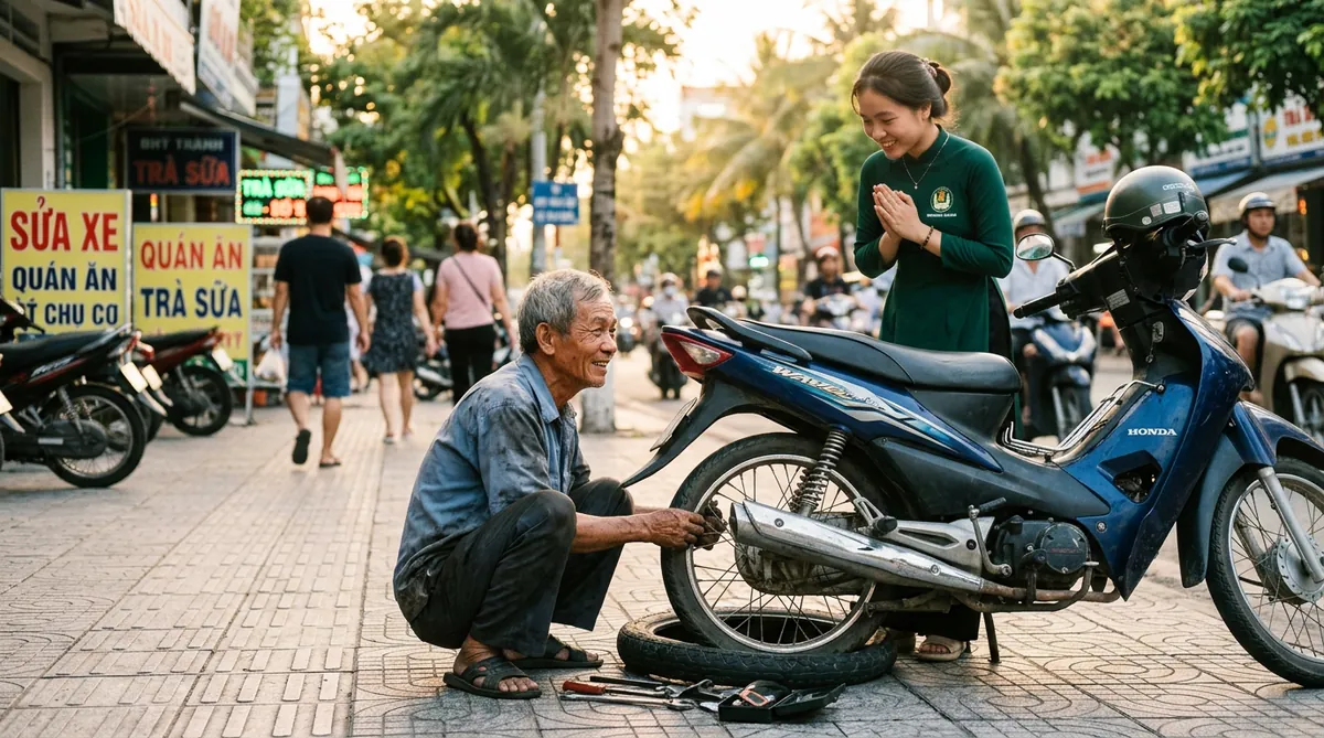 Hình ảnh một người thợ sửa xe lớn tuổi, nhân hậu đang sửa xe miễn phí cho một học sinh bên lề đường Đà Nẵng.