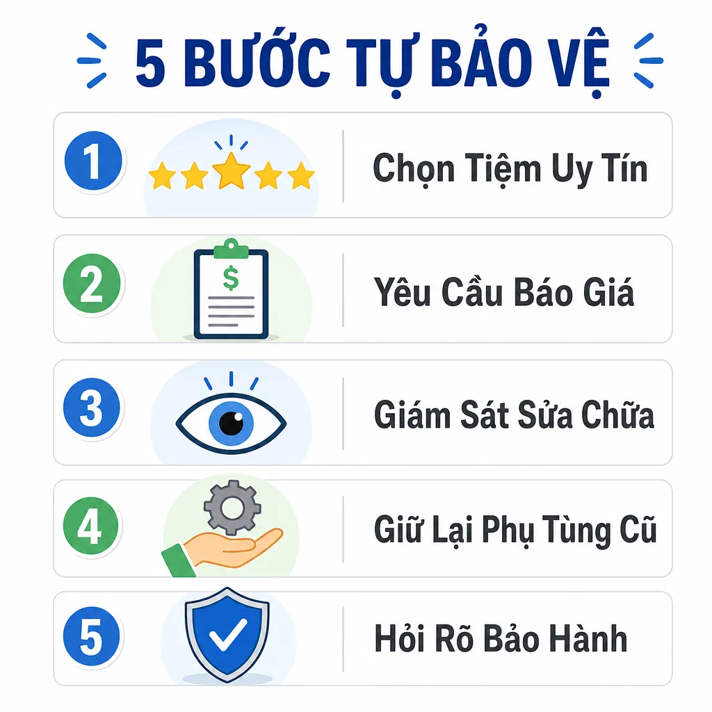Infographic tóm tắt 5 bước tự bảo vệ khi đi sửa xe máy, với các biểu tượng và tiêu đề tương ứng cho mỗi bước.