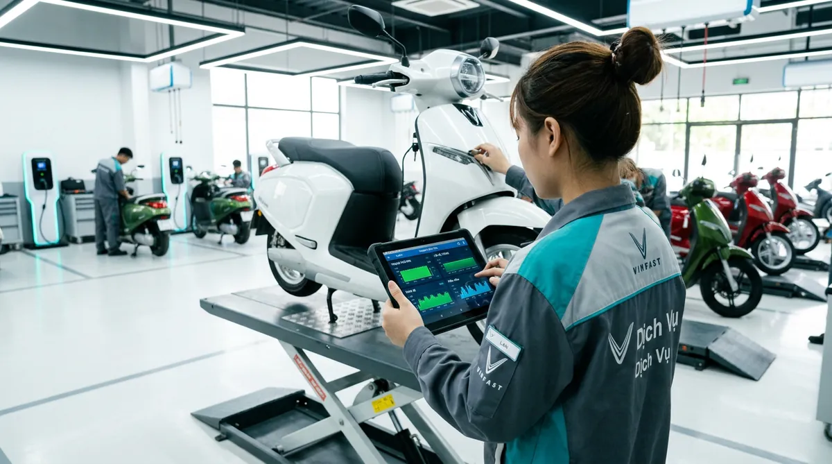 Thợ sửa xe đang dùng máy chẩn đoán lỗi chuyên dụng cho một chiếc xe máy điện trong một xưởng dịch vụ hiện đại.