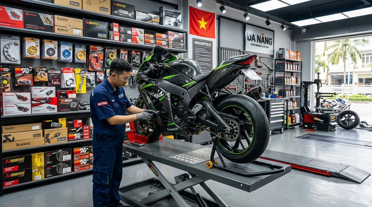 Toàn cảnh tiệm sửa xe Tri Racing Shop hiện đại với một chiếc xe độ đang được nâng lên và các phụ tùng hiệu suất cao trưng bày.