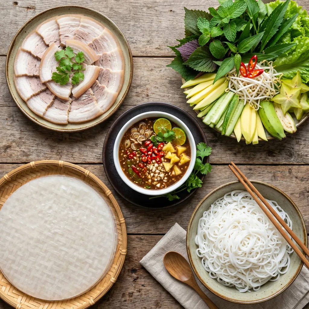 Món bánh tráng cuốn thịt heo Bà Hường với thịt luộc, rau sống, bún và mắm nêm, một đặc sản nổi tiếng của Đà Nẵng.